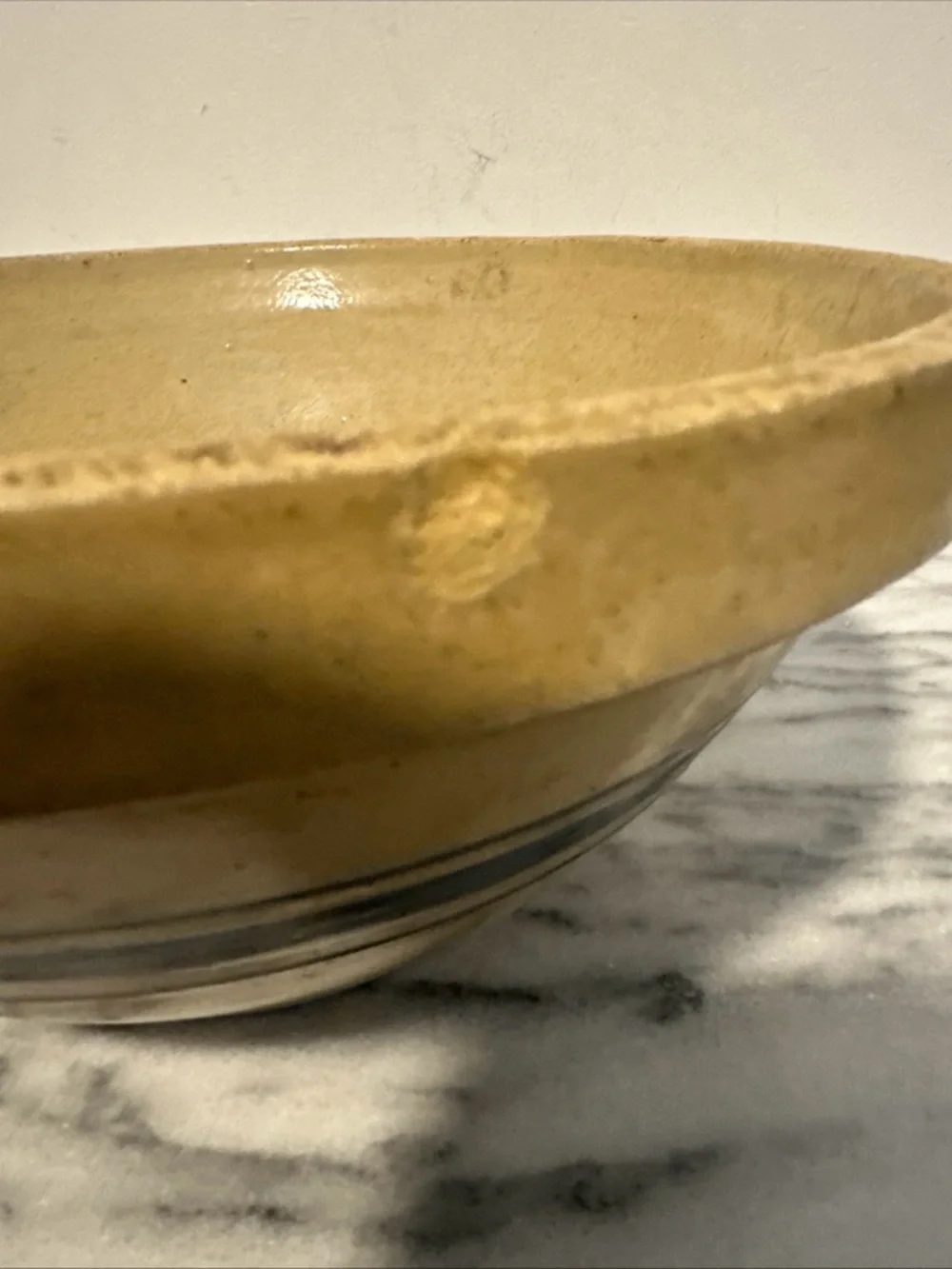 Antique yellow ware Stoneware Mixing Bowl with Blue Band